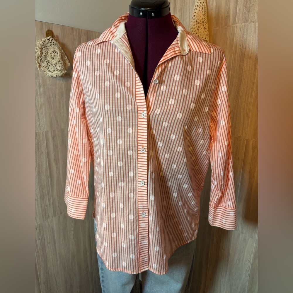 Foxcroft Orange and White Striped With Polka Dots Blouse Shirt